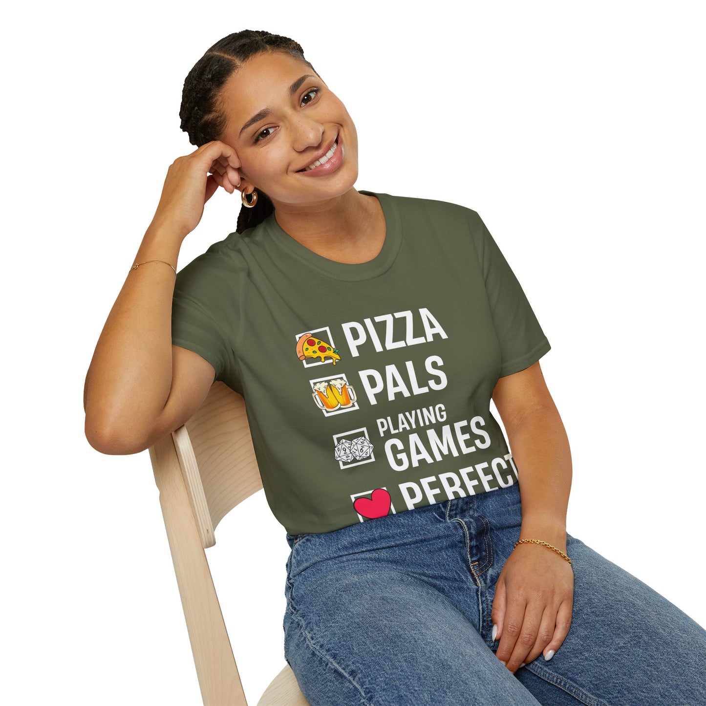 Pizza, Pals, Playing Games, Perfect - Softstyle T-Shirt for Men and Women