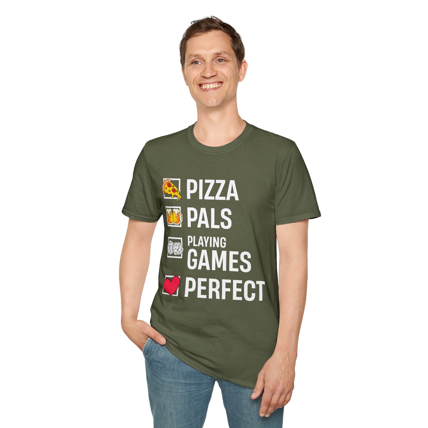 Pizza, Pals, Playing Games, Perfect - Softstyle T-Shirt for Men and Women