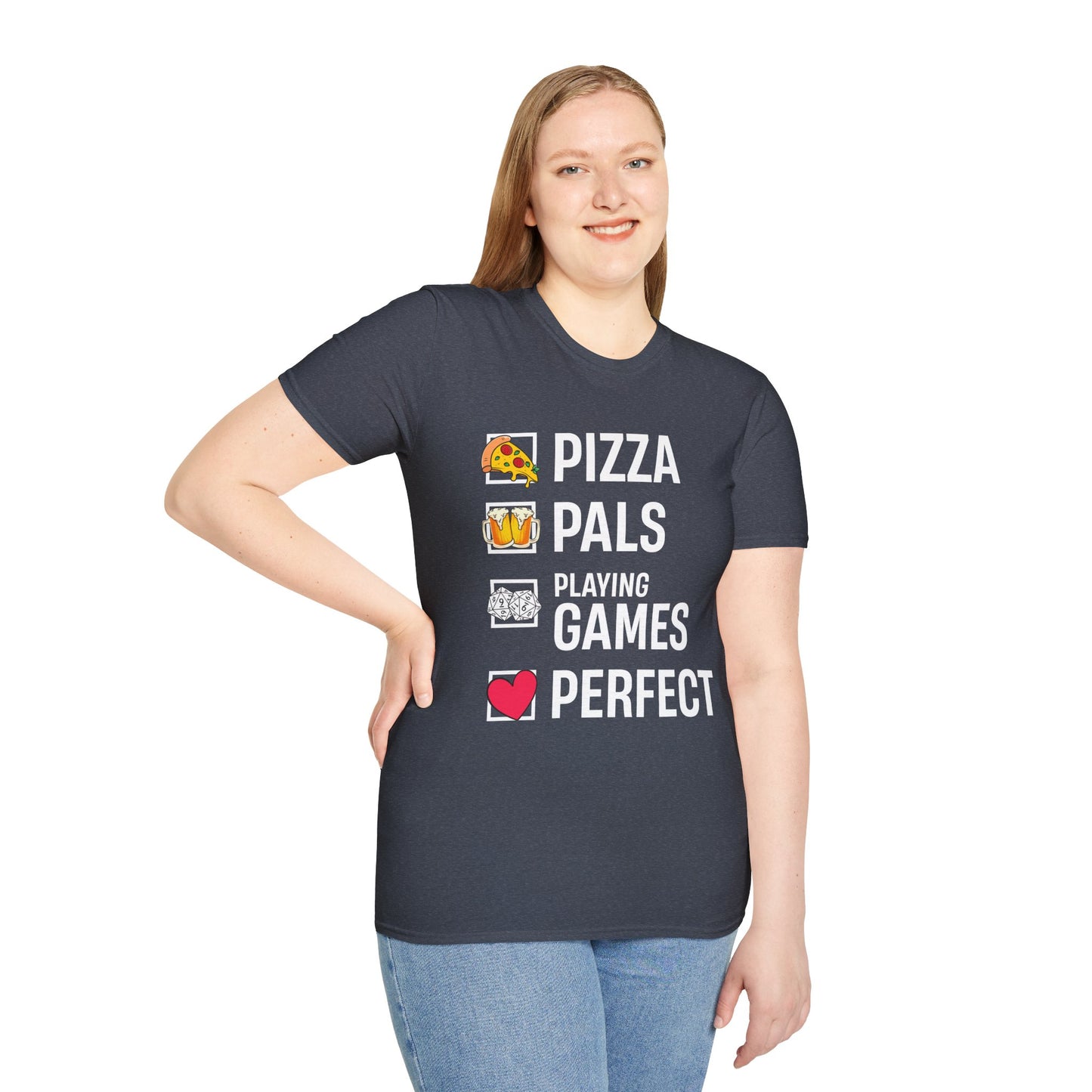 Pizza, Pals, Playing Games, Perfect - Softstyle T-Shirt for Men and Women