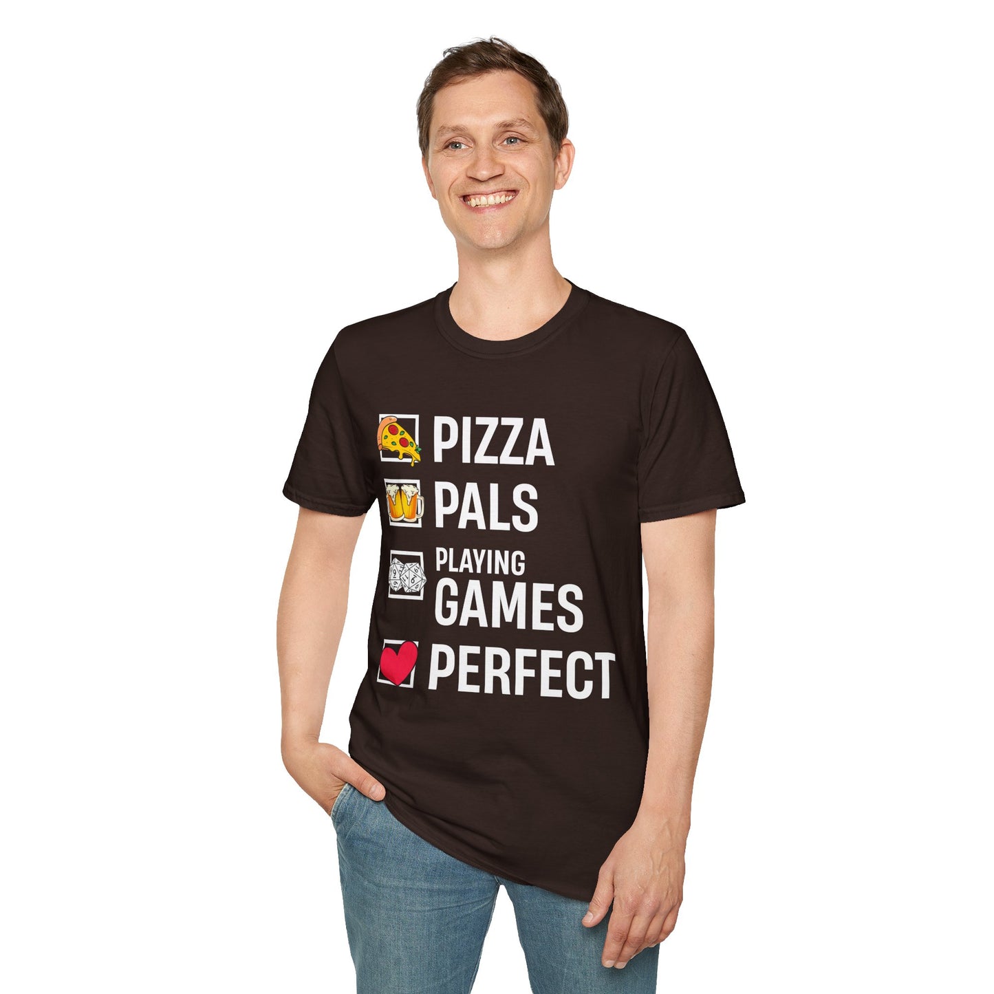 Pizza, Pals, Playing Games, Perfect - Softstyle T-Shirt for Men and Women