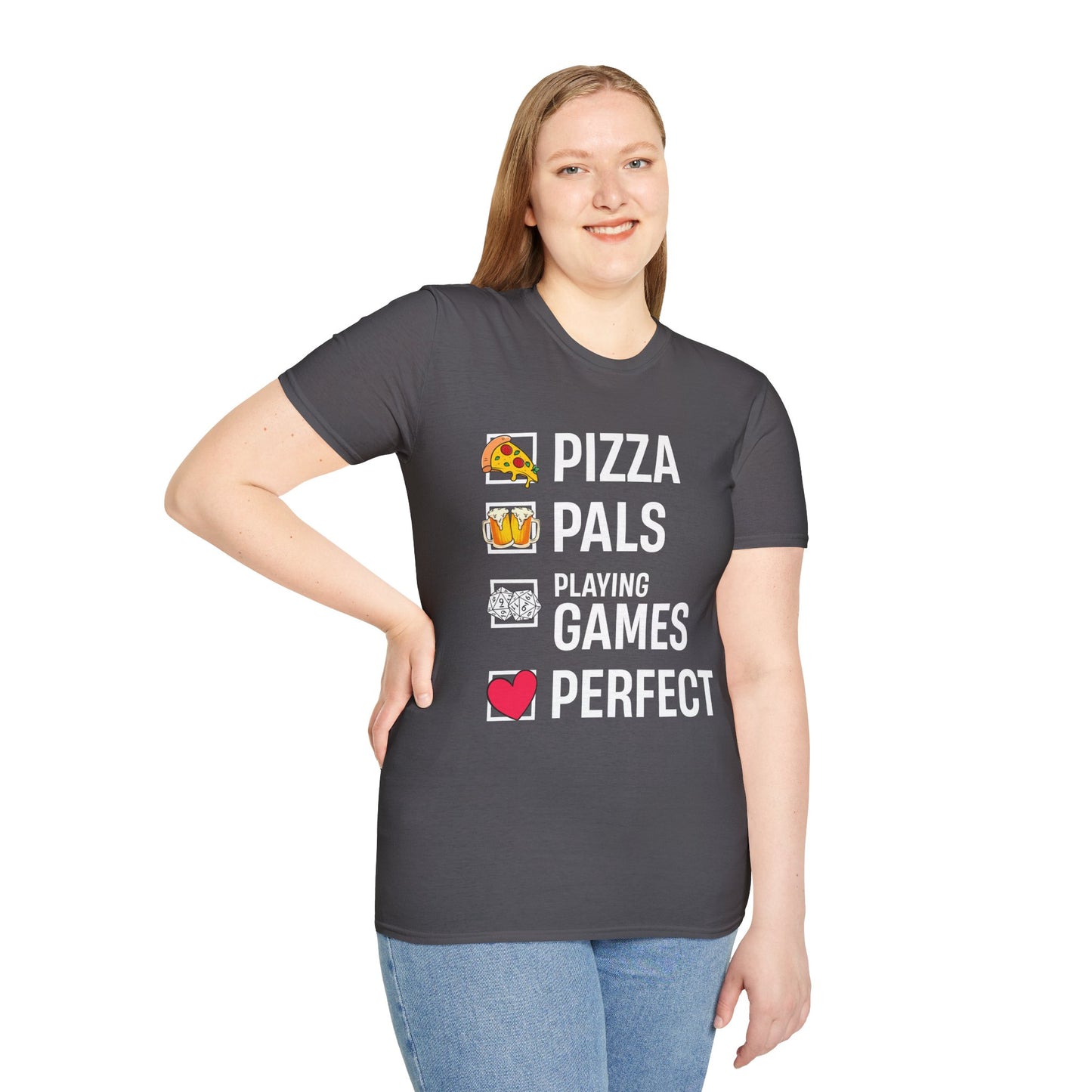 Pizza, Pals, Playing Games, Perfect - Softstyle T-Shirt for Men and Women