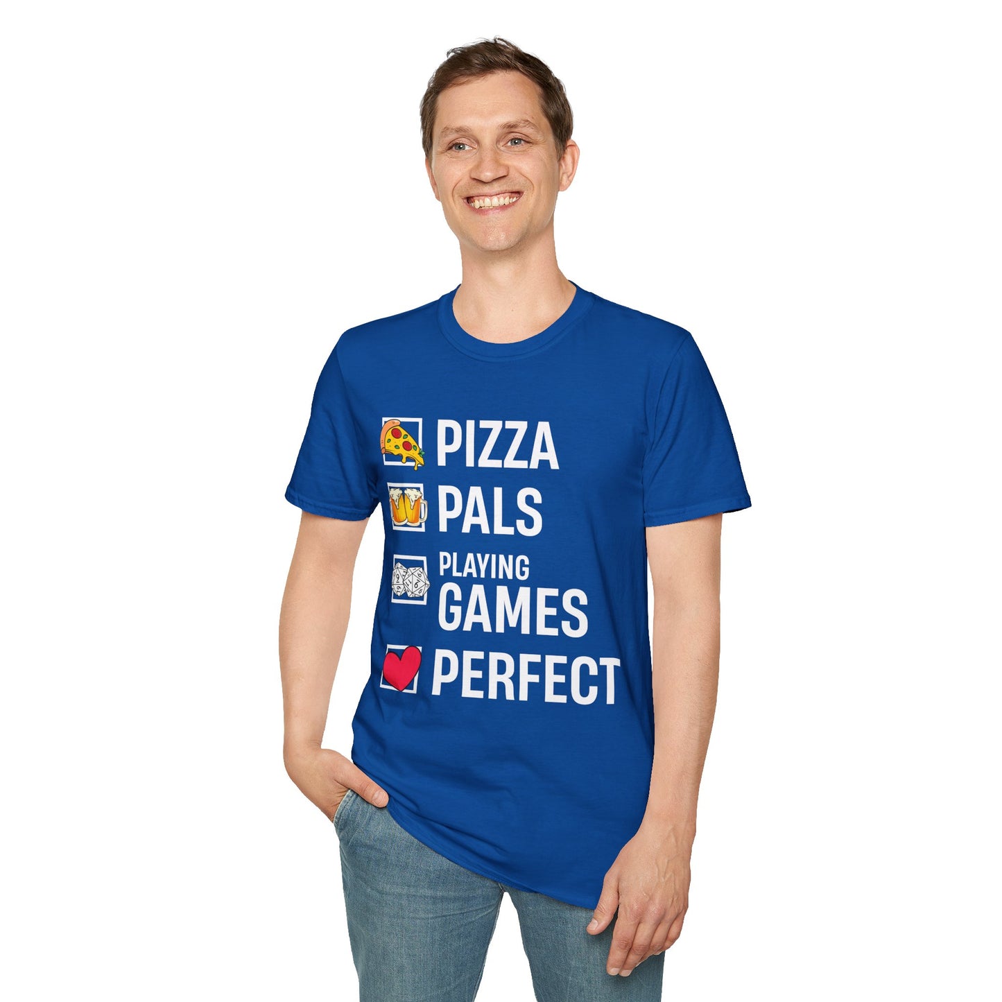 Pizza, Pals, Playing Games, Perfect - Softstyle T-Shirt for Men and Women