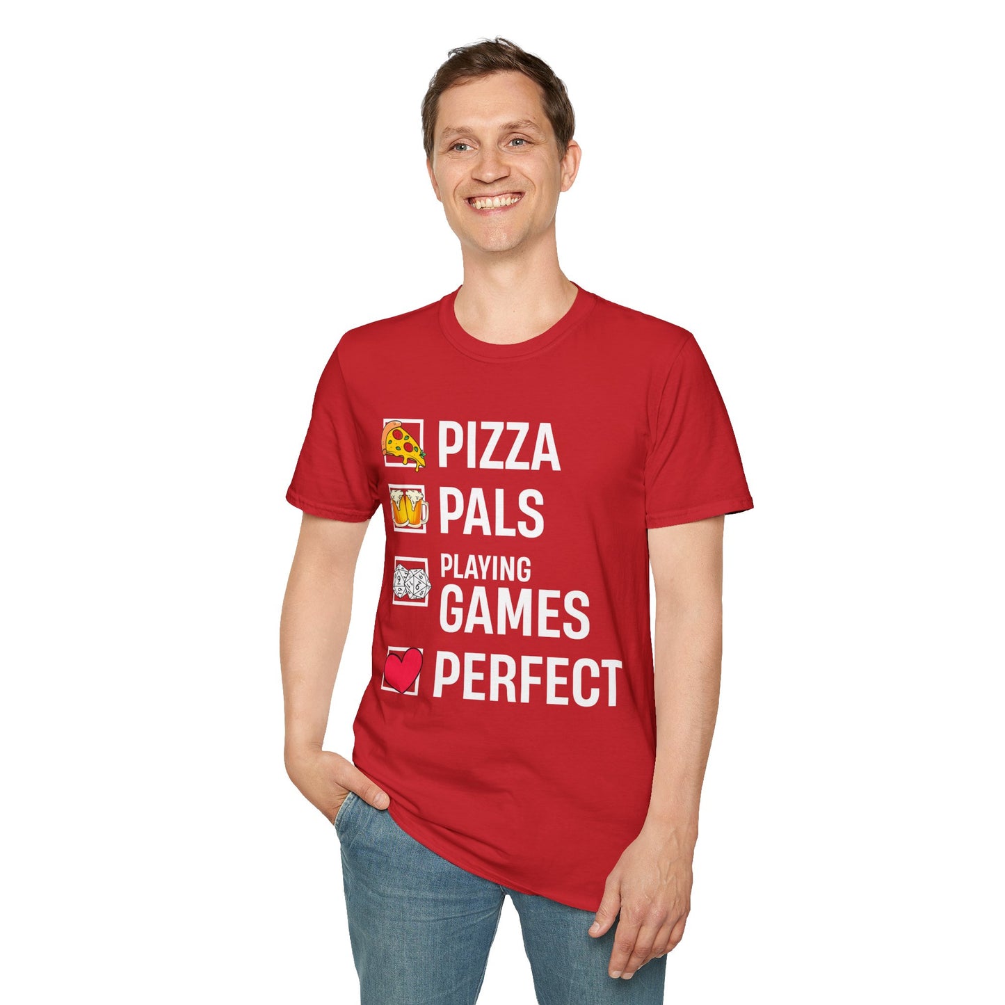 Pizza, Pals, Playing Games, Perfect - Softstyle T-Shirt for Men and Women