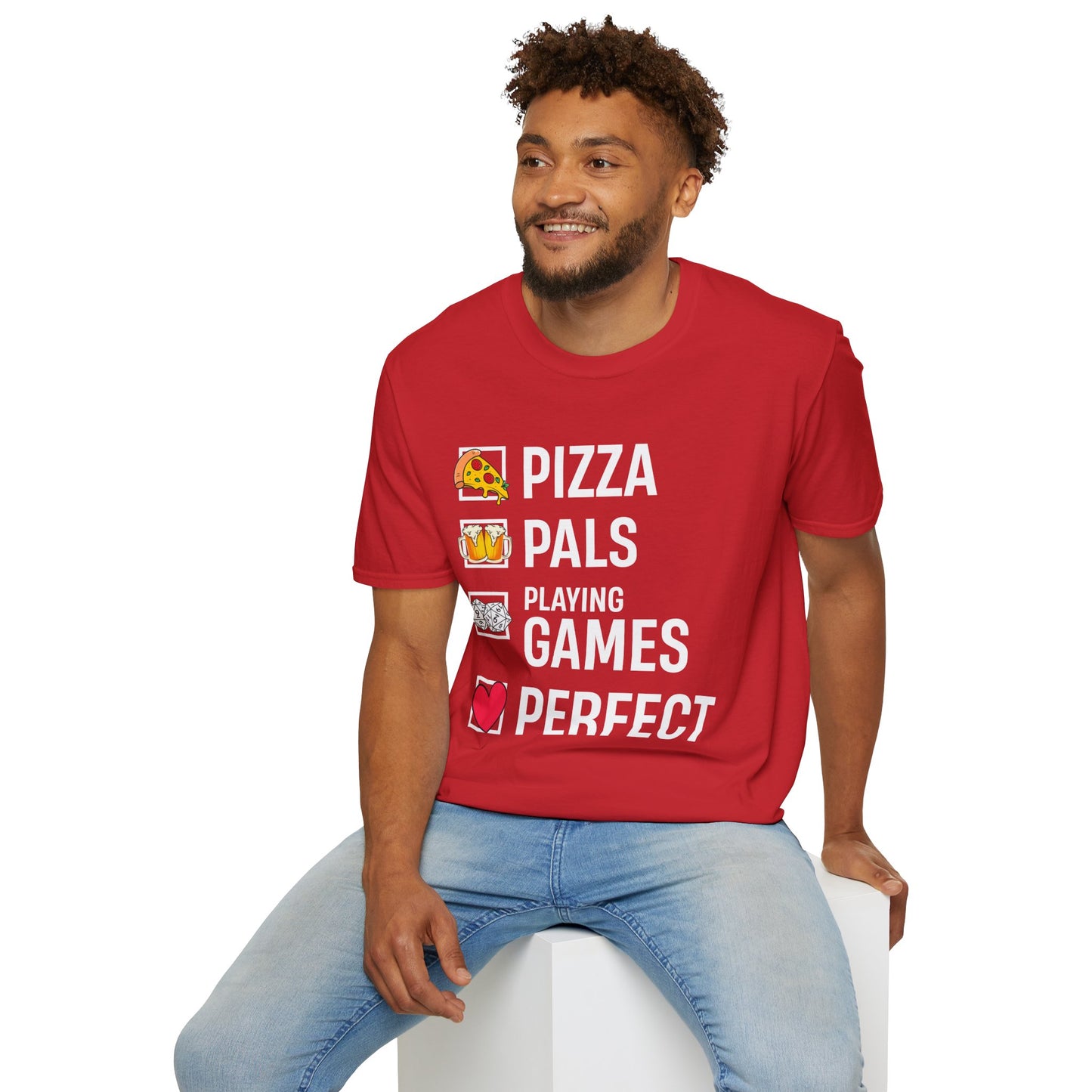 Pizza, Pals, Playing Games, Perfect - Softstyle T-Shirt for Men and Women