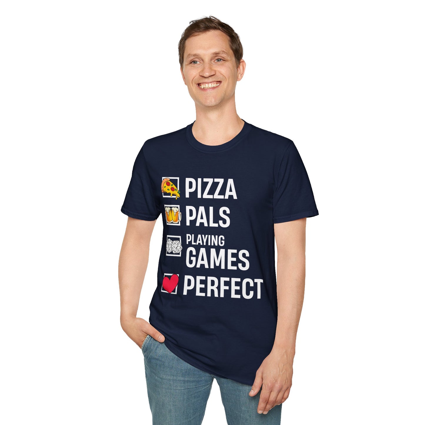 Pizza, Pals, Playing Games, Perfect - Softstyle T-Shirt for Men and Women