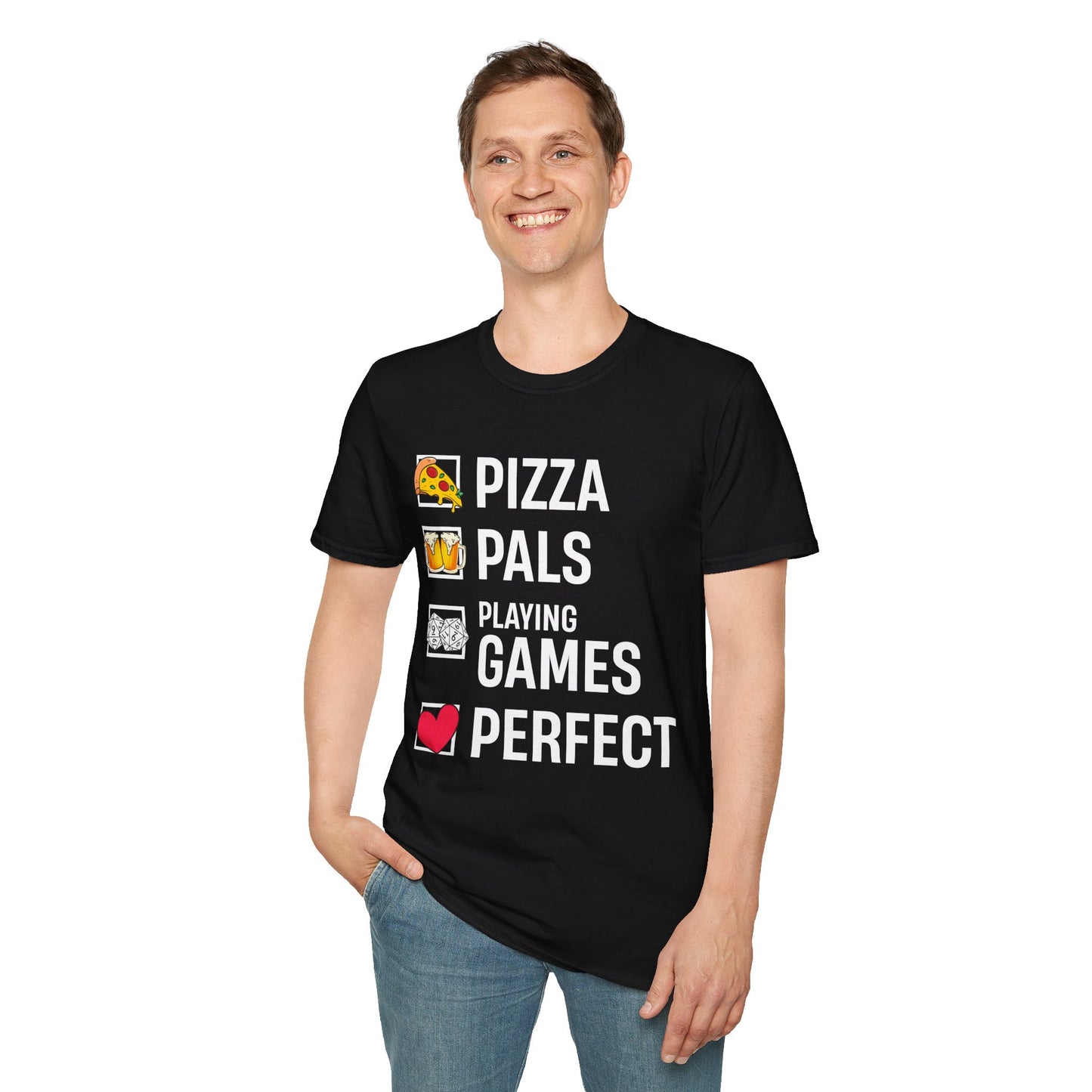 Pizza, Pals, Playing Games, Perfect - Softstyle T-Shirt for Men and Women