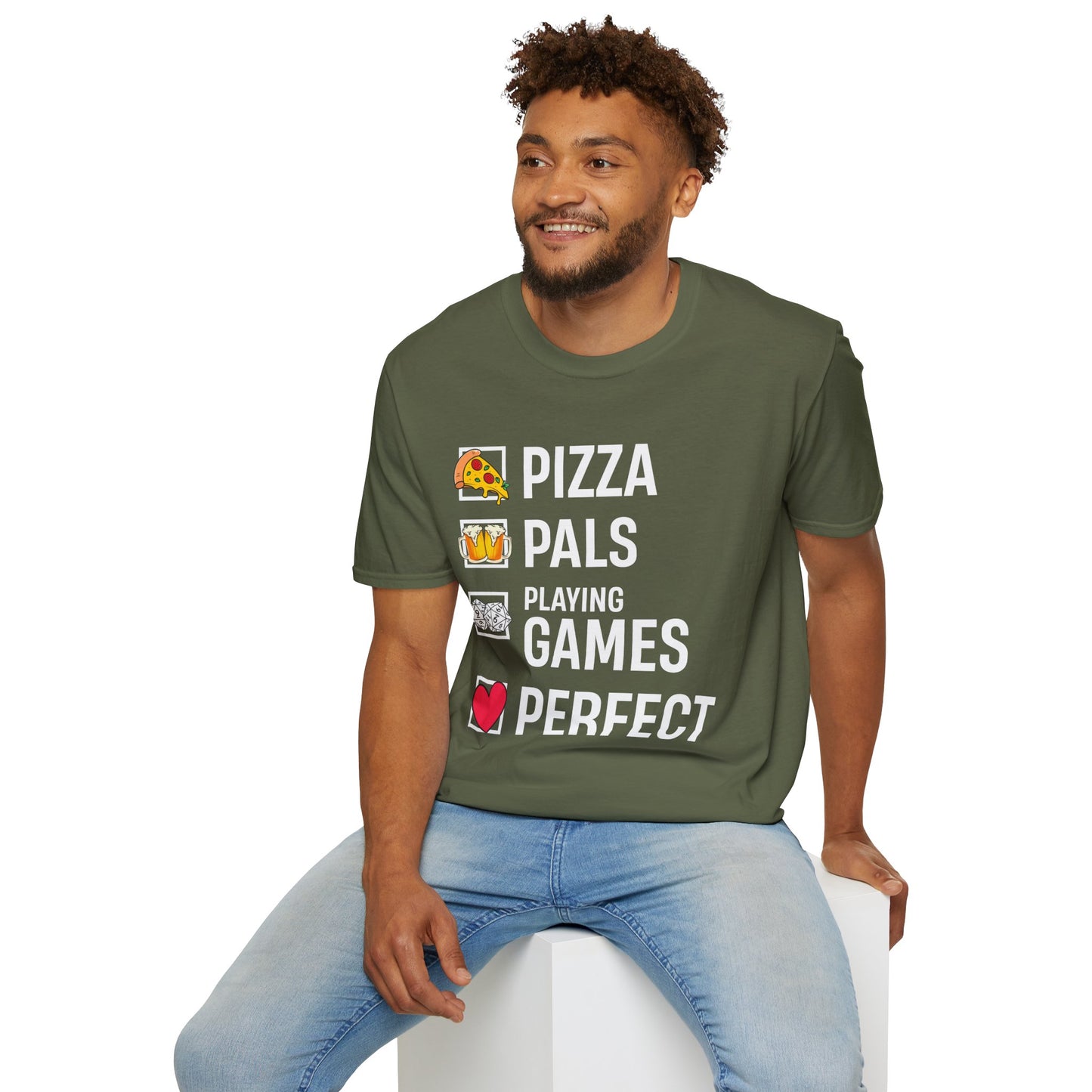 Pizza, Pals, Playing Games, Perfect - Softstyle T-Shirt for Men and Women