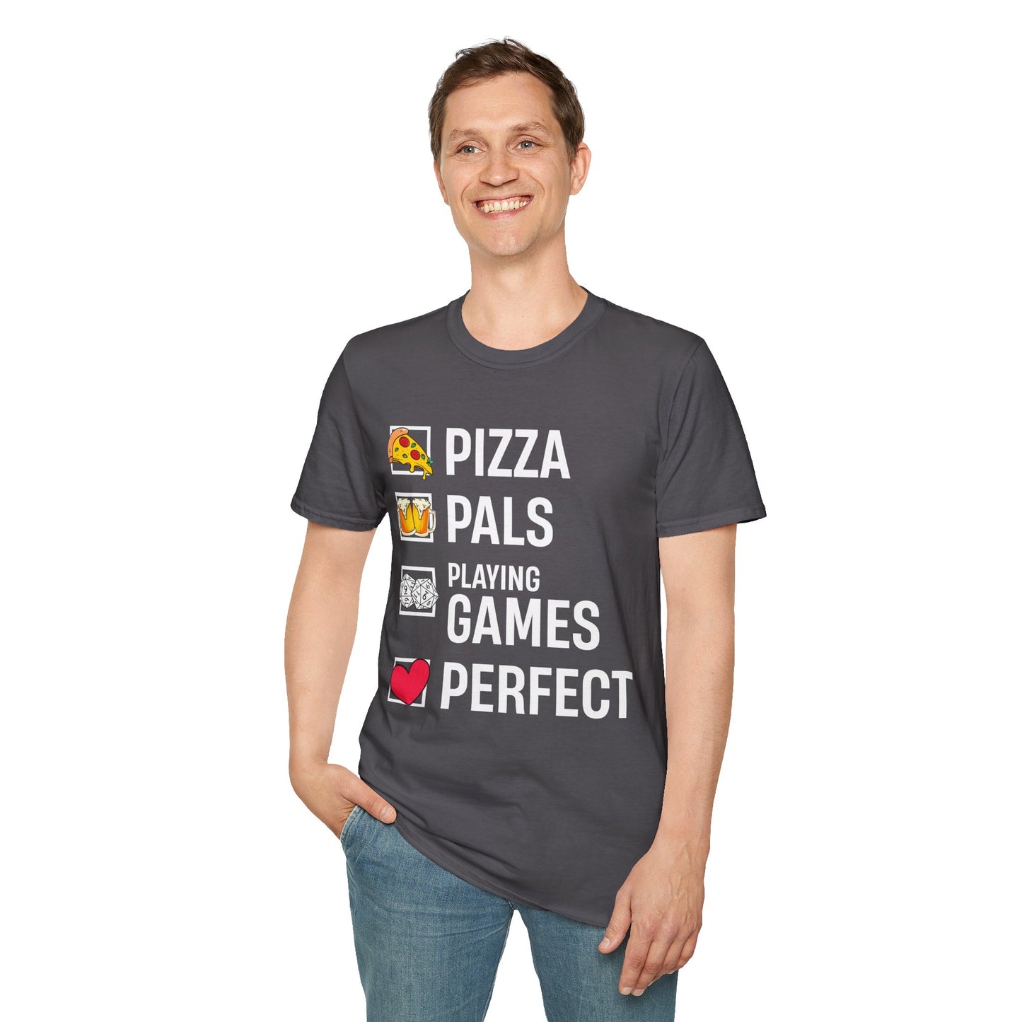 Pizza, Pals, Playing Games, Perfect - Softstyle T-Shirt for Men and Women