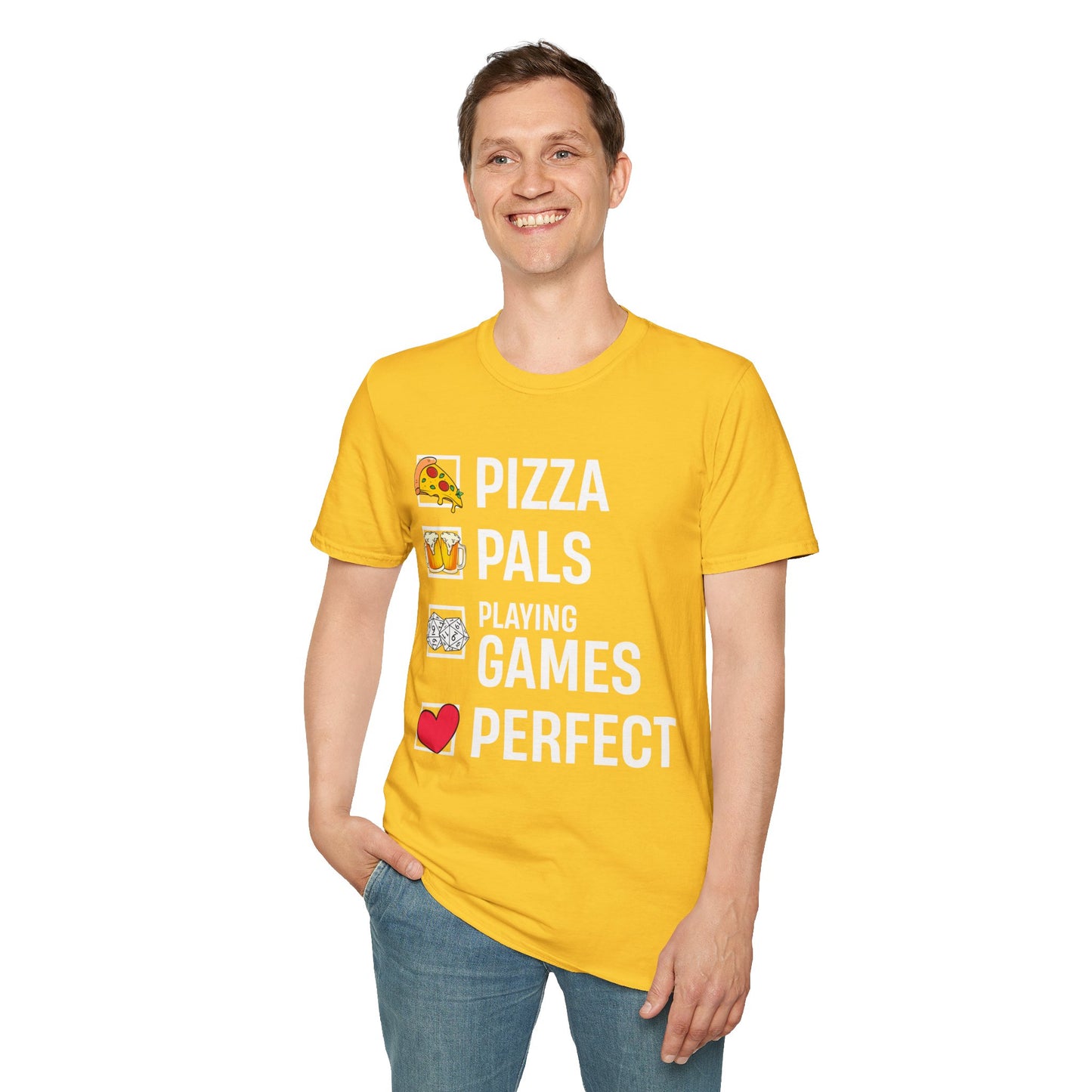 Pizza, Pals, Playing Games, Perfect - Softstyle T-Shirt for Men and Women