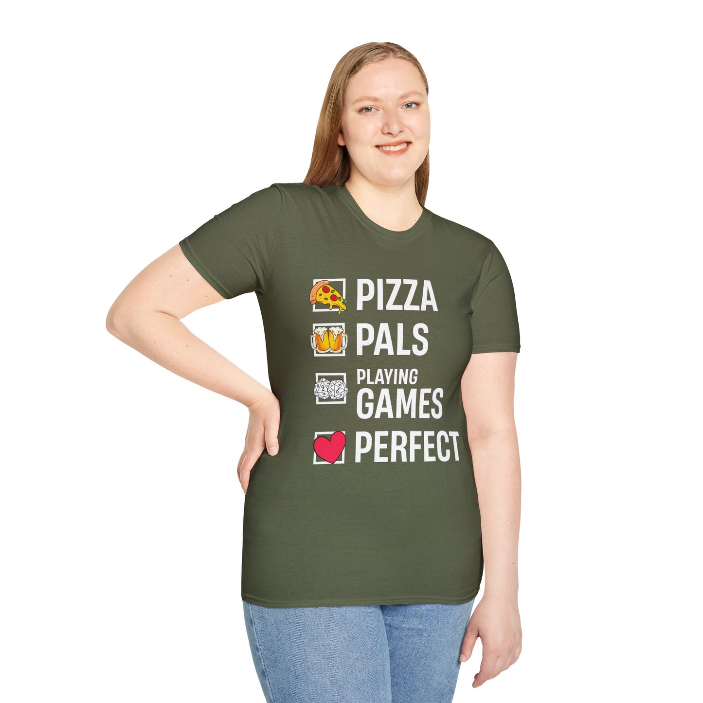 Pizza, Pals, Playing Games, Perfect - Softstyle T-Shirt for Men and Women