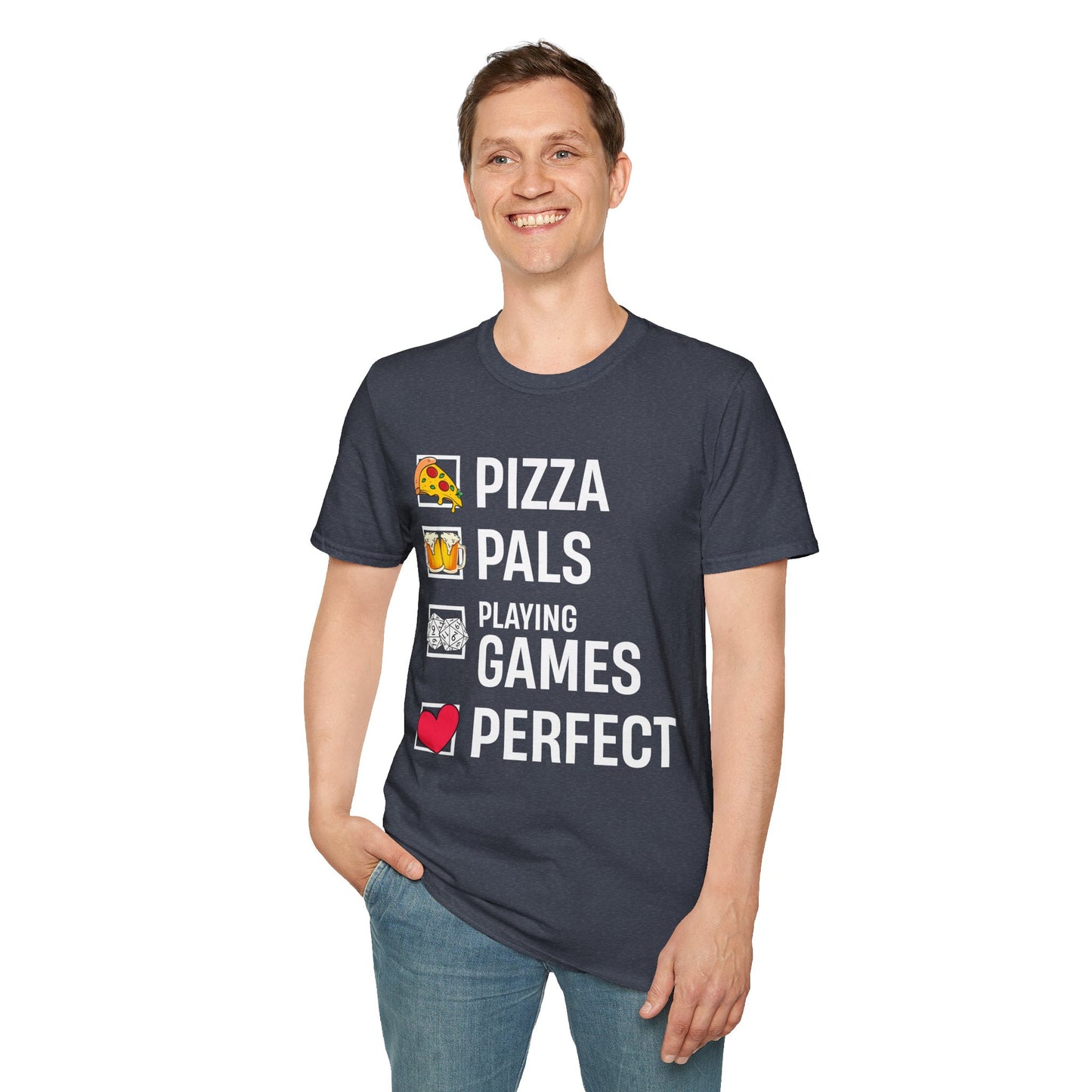 Pizza, Pals, Playing Games, Perfect - Softstyle T-Shirt for Men and Women