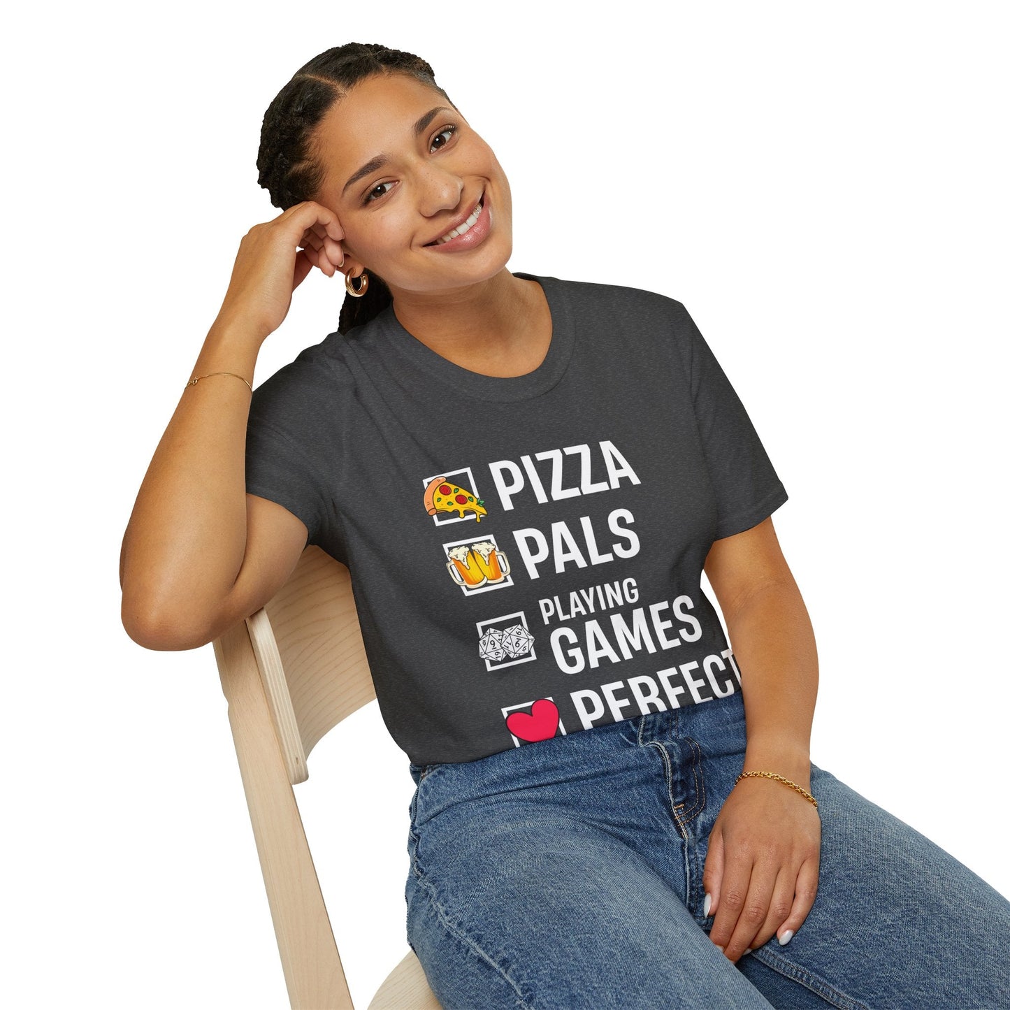 Pizza, Pals, Playing Games, Perfect - Softstyle T-Shirt for Men and Women Printify