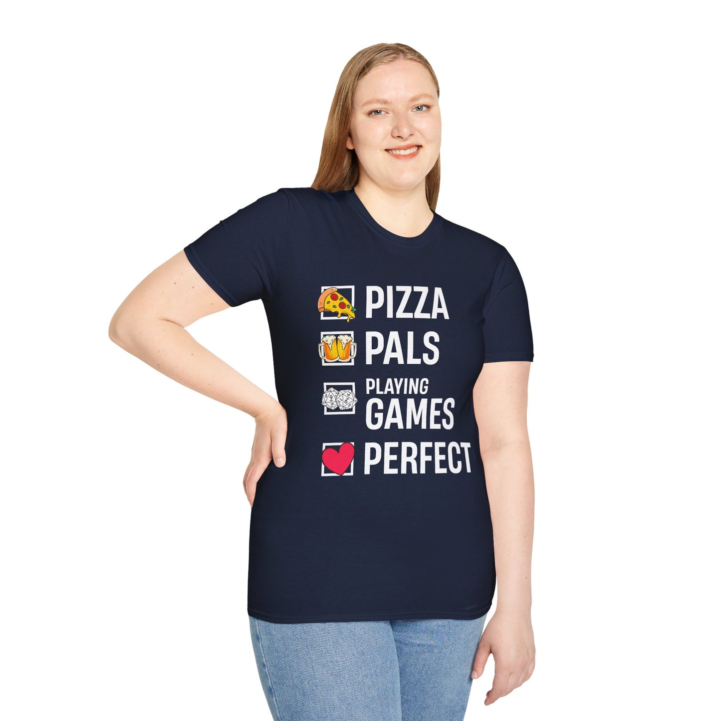 Pizza, Pals, Playing Games, Perfect - Softstyle T-Shirt for Men and Women