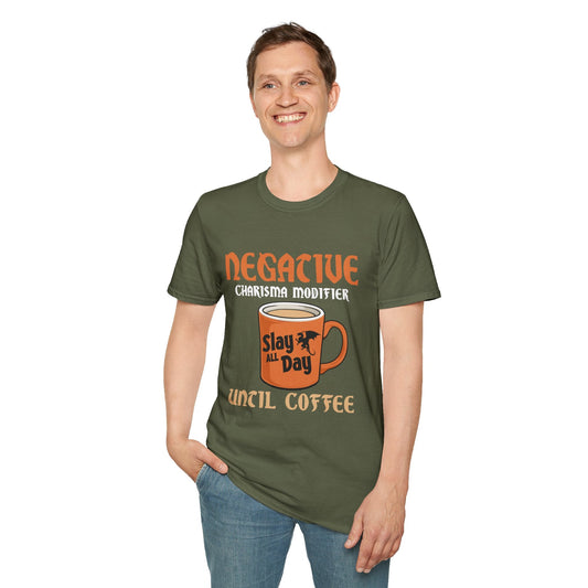 Negative Charisma Modifier Until Coffee - Softstyle T-Shirt for Men and Women Printify