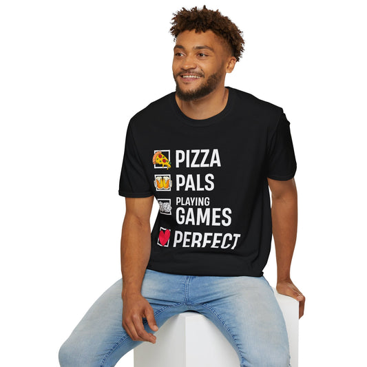 Pizza, Pals, Playing Games, Perfect - Softstyle T-Shirt for Men and Women Printify