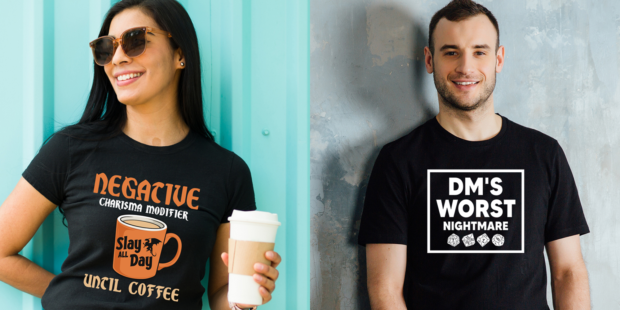 Woman and man wearing black t-shirts with TTRPG-themed sayings