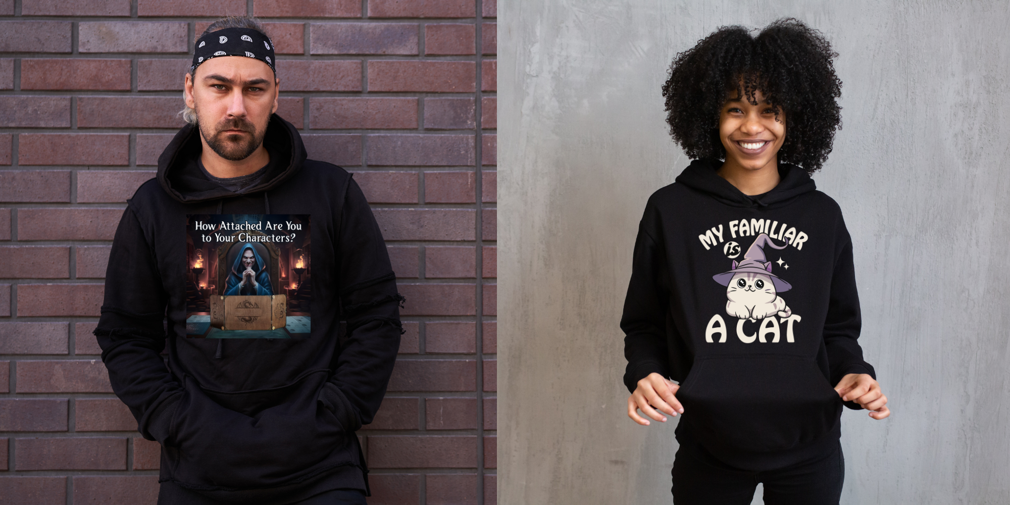 Man and woman in black hooded t-shirts with TTRPG-themed sayings and artwork.