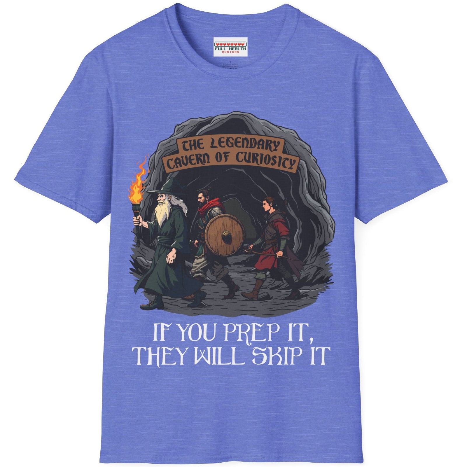 Blue t-shirt with a graphic design and text on a white background